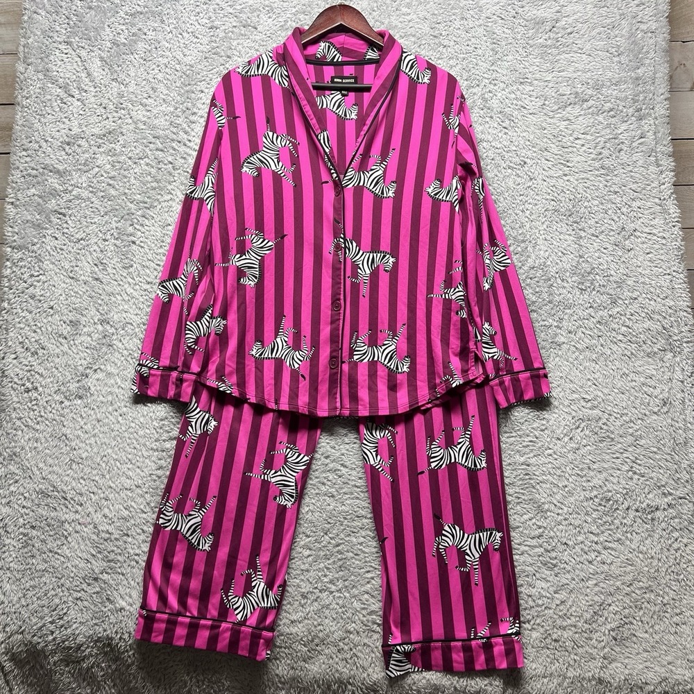Room‎ Service Pink Black Zebra Striped Pajama Set Size Large Jersey Cozy Stretch